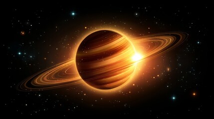 Obraz premium Abstract Saturn planet with glowing sun and starry sky in black space. Scientific cosmos vector backdrop.