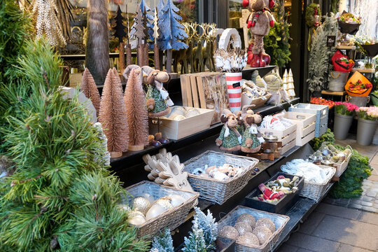 Strasbourg, France, Europe. Local shop selling Christmas holiday decor.
