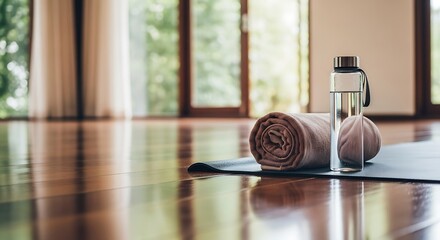 Prepare for mindful yoga session with towel, water bottle, and meditation ball in sunlit home studio