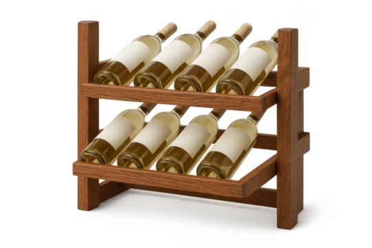 White wine bottles storing in wooden wine rack