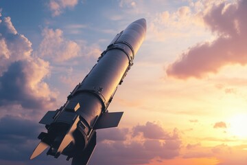 Rocket launches into the sky at sunset over a serene landscape