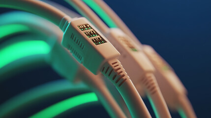 Macro shot of data cables conveying connectivity. The image emphasizes connections in a digitally driven world with luminous cables.