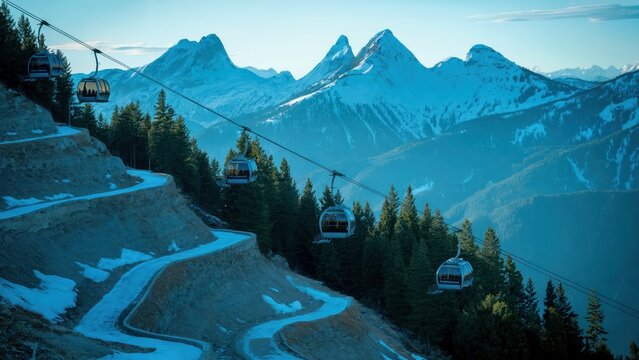 Aerial view of gondola lifts ascending a mountain with snow capped peaks and trees in the background