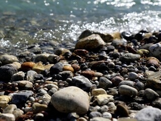 Obraz premium pebble. Large river stone lodged in a fast-flowing stream with water parting around it. travel magazines, destination branding, designed for outdoor magazines and nature guides.