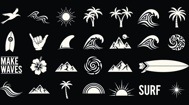 Vector art of a captivating collection of summer surfing vector icons, perfect for adding a touch of beachy vibes to your designs, featuring waves, palm trees, surfboards, and other tropical elements