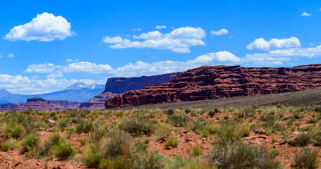 Layered geological formations of red rocks in Canyonlands National Park is in Utah near Moab