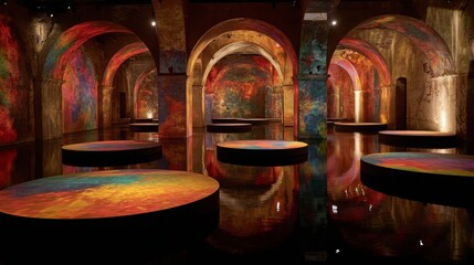 Bordeaux, Oct 2023 - Immersive art exhibition with abstract colorful projections on walls and water-reflecting circular platforms.