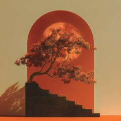 Serene Zen Garden: A stylized depiction of a tranquil Zen garden, featuring a bonsai tree gracefully arching against a backdrop of a rising sun. Evokes feelings of peace, harmony, and meditation.