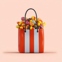 Candy Bag Overflowing with Treats: A festive bag bursting with colorful candy, evokes a sense of joy and anticipation. This eye-level shot is the perfect treat for any occasion.