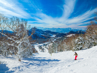 Skier on an ungroomed ski slope under a dramatic sky (Yokoteyama, Shiga Kogen, Nagano, Japan)