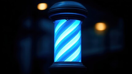 Barber's classic symbol: A traditional barber's pole, emitting a soft, inviting blue and white glow, symbolizes a welcoming space for grooming and style.