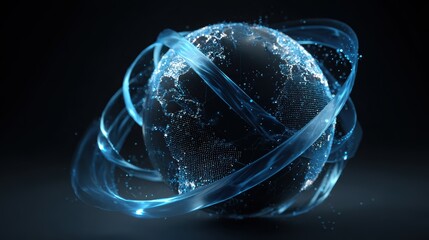 Global connectivity visualization: A mesmerizing representation of the interconnected world, with glowing, ethereal rings encircling a digital sphere of the Earth.