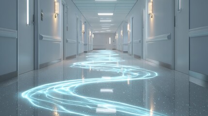 Digital Corridor: A futuristic image of a hallway with an ethereal blue digital energy stream down the center, representing the flow of data or information.