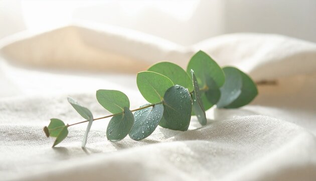 A delicate eucalyptus branch with dewdrops rests on soft, folded fabric, illuminated by gentle sunlight.