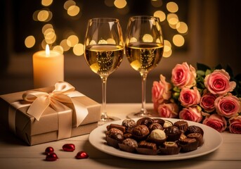 Fototapeta premium Romantic dinner for two with wine, chocolates, and roses