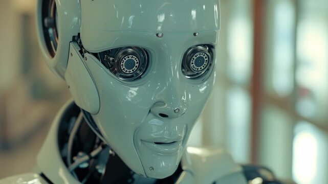 Close-up of a humanoid robot with advanced technology and vision systems, featuring intricate machinery, eyes, and mouth, set against blurred background.