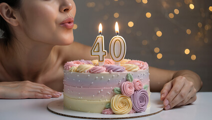 Woman celebrating her 40th birthday, blowing out candles on a beautifully decorated pastel cake with floral icing design