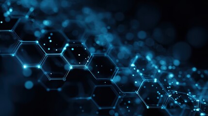 Connected Hexagons: A mesmerizing abstract composition showcases a network of interconnected hexagons, illuminated with vibrant blue light, suggesting concepts of technology and innovation. 