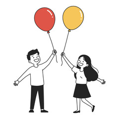 Hand Made Happy couple holding balloons simple line art illustration for celebration and special occasions isolated on white background
