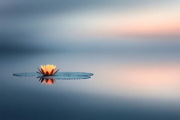Water lily blooming on a lily pad, reflecting on a calm, minimalist lake with a soft, blurred background