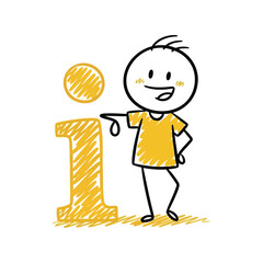 Stick figure character next to golden information icon representing knowledge and help vector