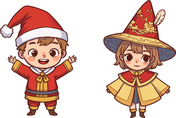 Cartoon children in festive costumes, Santa outfit boy, wizard girl, holiday fantasy theme, cheerful illustration, Christmas magic, celebration characters