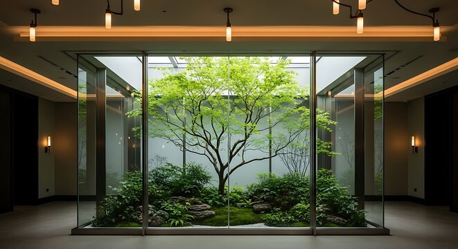 Serene indoor zen garden with lush greenery and a central tree, bringing nature's tranquility indoors.