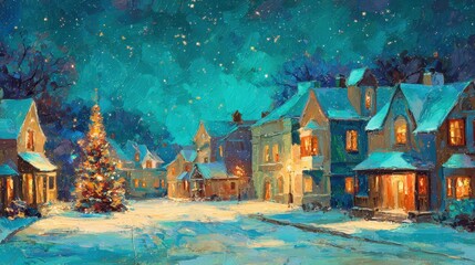 Winter Village Scene: A captivating artwork showcases a quaint village blanketed in a serene winter night. A charming Christmas tree twinkles in the heart of the village square.
