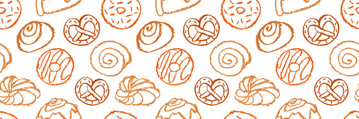 Hand drawn pastry seamless pattern. Cute doodle crayon croissants, pretzels and donuts on white background. Playful bakery background
