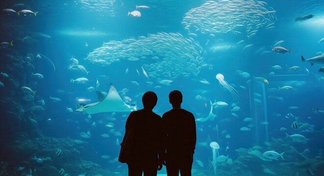 Couple silhouette watching fish in a large aquarium