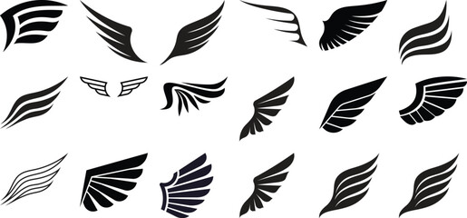 Collection of diverse black and white wing graphic designs and icons