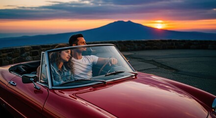 Couple in convertible car watching sunset over mountain