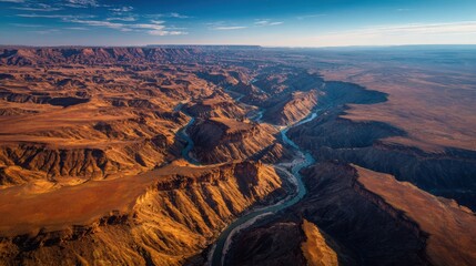 Landscape: a breathtaking panoramic view of a deep canyon carved by the river through arid desert landscape under a clear sky. A stunning view of nature's beauty and vastness.