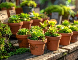 Rows of potted succulents and mosses displayed on a rustic wooden surface