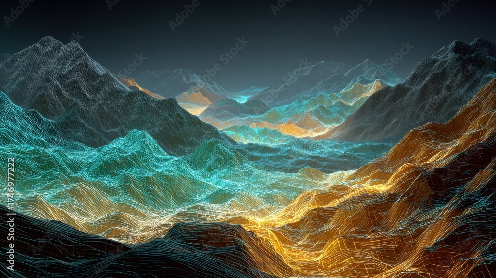 Canvas Prints futuristic wireframe landscape with glowing grid and mountains