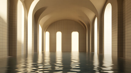 Arched architecture reflecting in still water. A serene and symmetrical space with repeating arches creates an illusion of depth and tranquility.