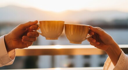 Couple toasting with coffee cups on a balcony at sunrise