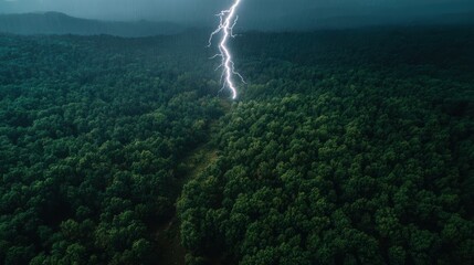   Lightning Strike on Lush Forest: A powerful streak of lightning electrifies the sky, striking down upon a vast, dense forest, creating a dramatic interplay of light and shadow
