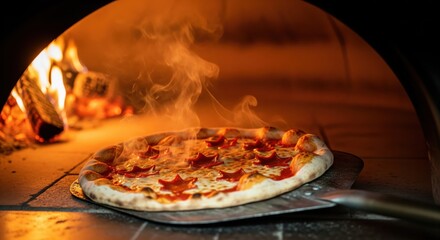 Star-shaped pepperoni pizza baking in a wood-fired oven