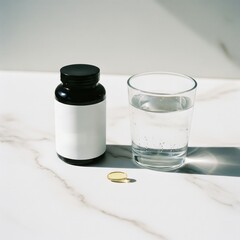 Vitamin supplement bottle with softgel capsule and glass of water