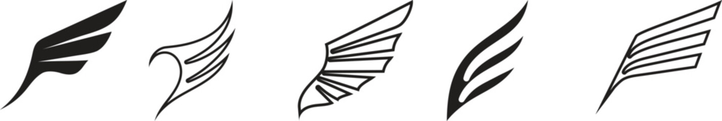Collection of Five Stylized Wing Icons in Black and White