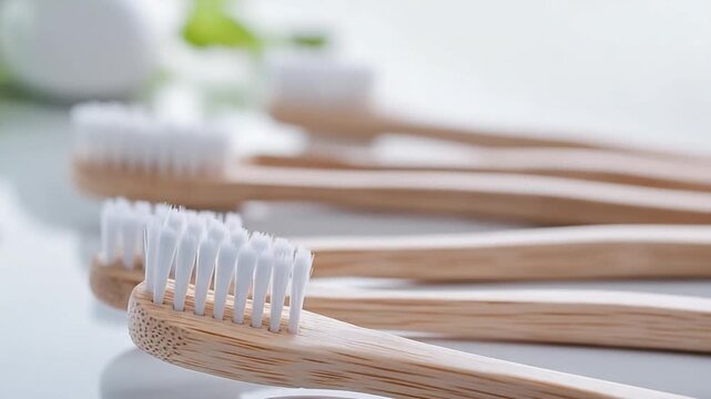 Toothbrush lineup: A close-up shot showcases a row of eco-friendly bamboo toothbrushes with soft white bristles, set against a subtle background.