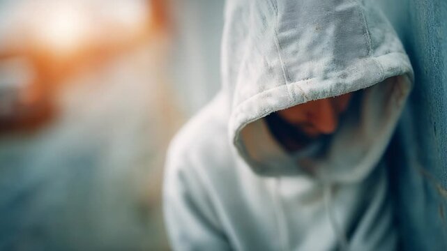 Solitude and Contemplation: A figure shrouded in a hooded sweatshirt stands alone, leaning against a textured wall. The image evokes a sense of introspection and silent reflection.