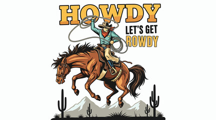 Vector art of a vibrant illustration showcases a cowboy riding a horse, lasso in hand, set against a backdrop of cacti and mountains, embodying the spirit of the wild west
