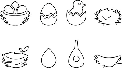 vectors of stylized bird nests with eggs and birds icon set, for logos and design elements, Eggs, Nature, Wildlife, Tree Branch, Shelter, Parenting, Animal Habitat, Environment, and Natural Care