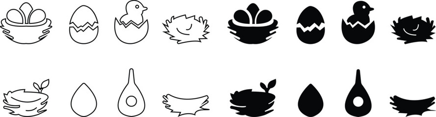 vectors of stylized bird nests with eggs and birds icon set, for logos and design elements, Eggs, Nature, Wildlife, Tree Branch, Shelter, Parenting, Animal Habitat, Environment, and Natural Care