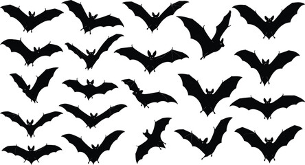 Silhouetted bats flying in a group against a white background.