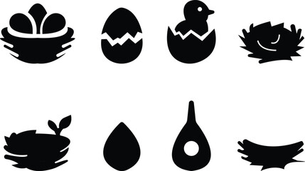 vectors of stylized bird nests with eggs and birds icon set, for logos and design elements, Eggs, Nature, Wildlife, Tree Branch, Shelter, Parenting, Animal Habitat, Environment, and Natural Care