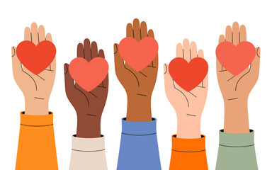 Diverse Hands Holding Red Hearts Illustration for Love Charity and Support Concepts representing unity and connection
