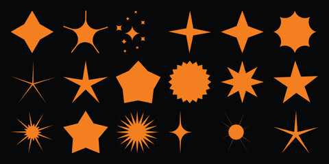 Collection of Orange Star Shapes and Sparkle Icons on Black Background